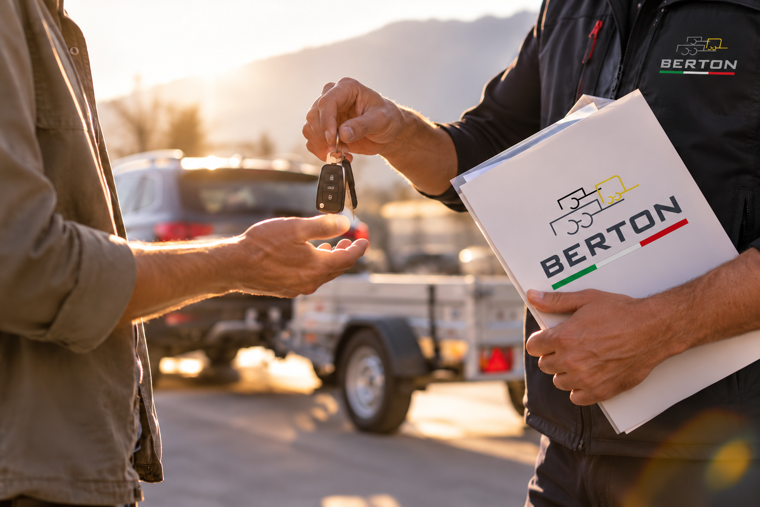Tecnico Berton che consegna al cliente chiavi e documentazione; sullo sfondo l'auto con il gancio montato e un carrello agganciato