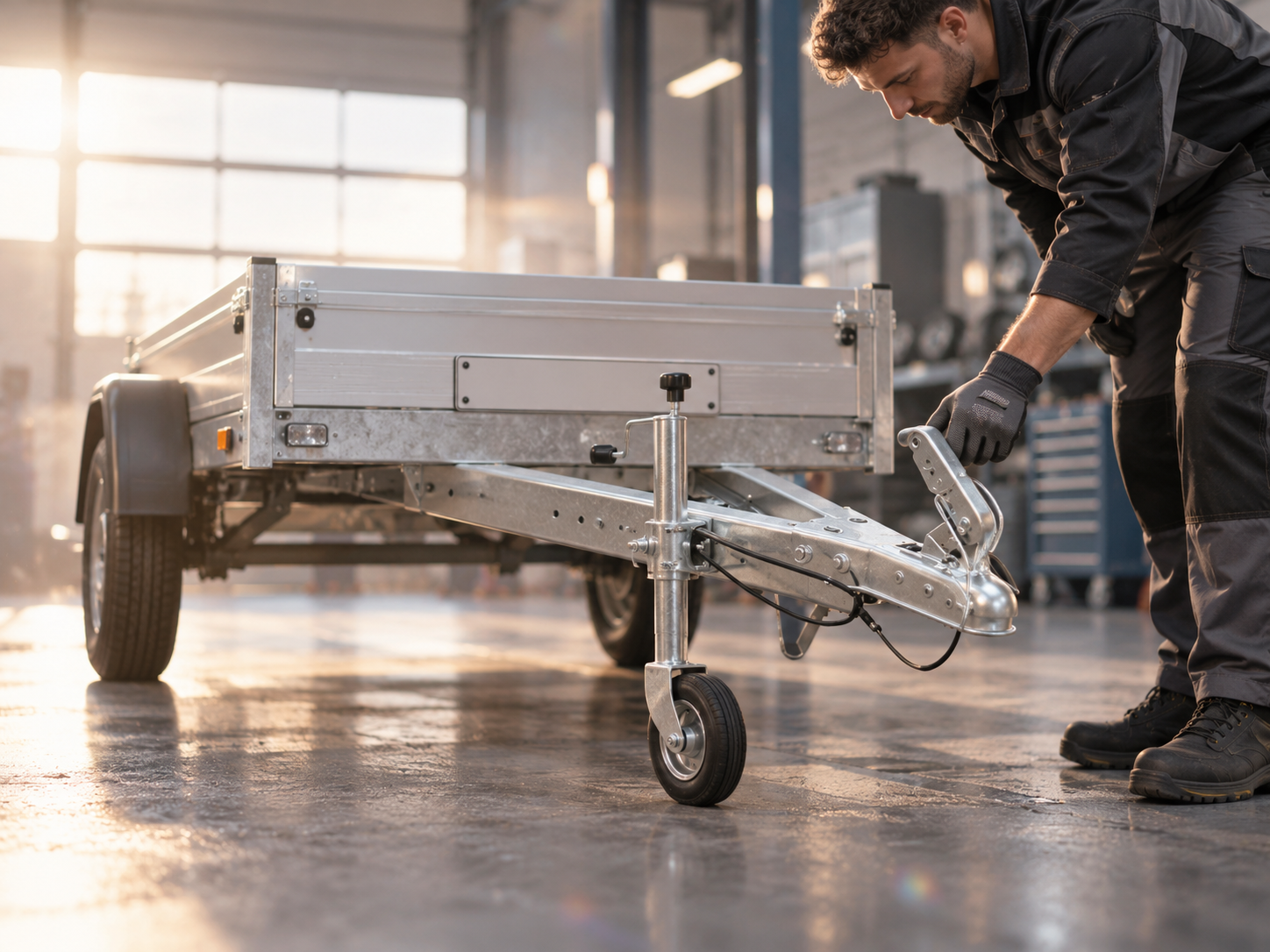 Tecnico che controlla il giunto sul timone di un carrello monoasse in officina